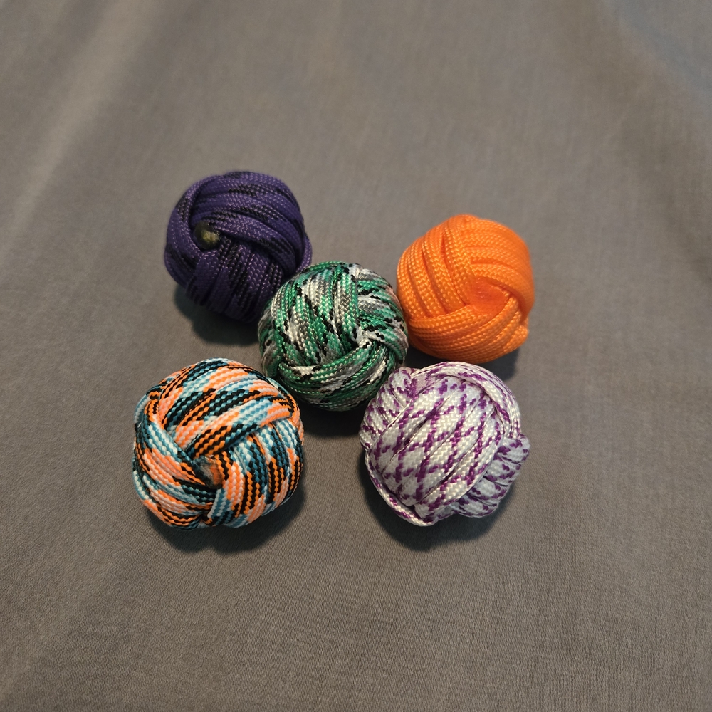 **Set Of 5** Handmade Colorful Paracorded Monkey Fist Cat Toy Ball W/ Rattle